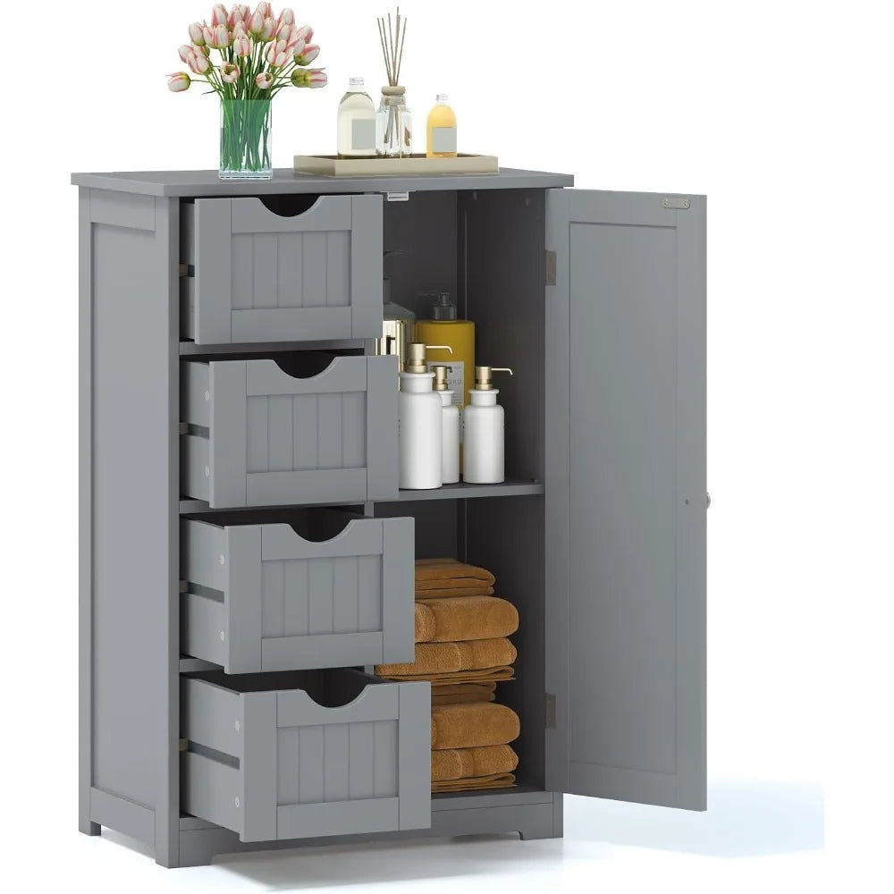 Wood Waterproof Bathroom Floor Cabinet with 4 Drawers and 1 Door