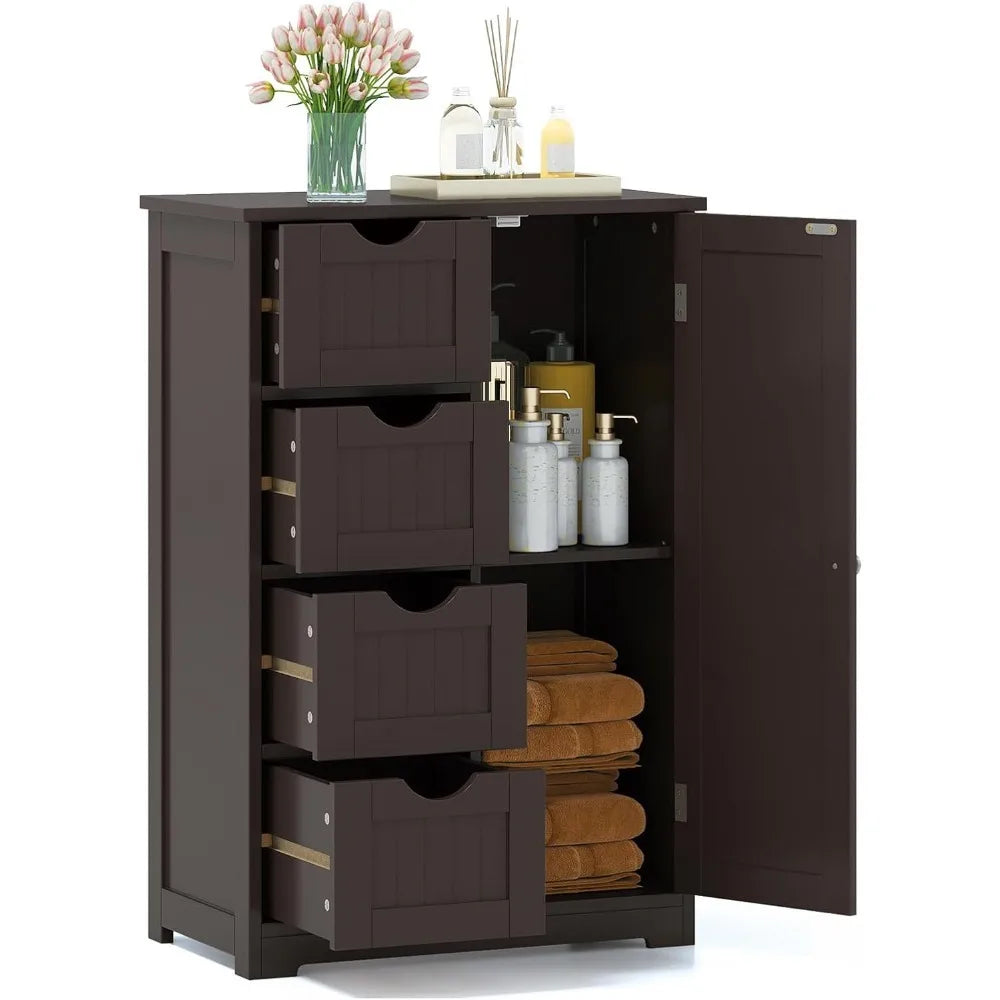 Wood Waterproof Bathroom Floor Cabinet with 4 Drawers and 1 Door