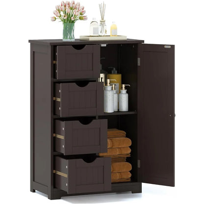 Wood Waterproof Bathroom Floor Cabinet with 4 Drawers and 1 Door