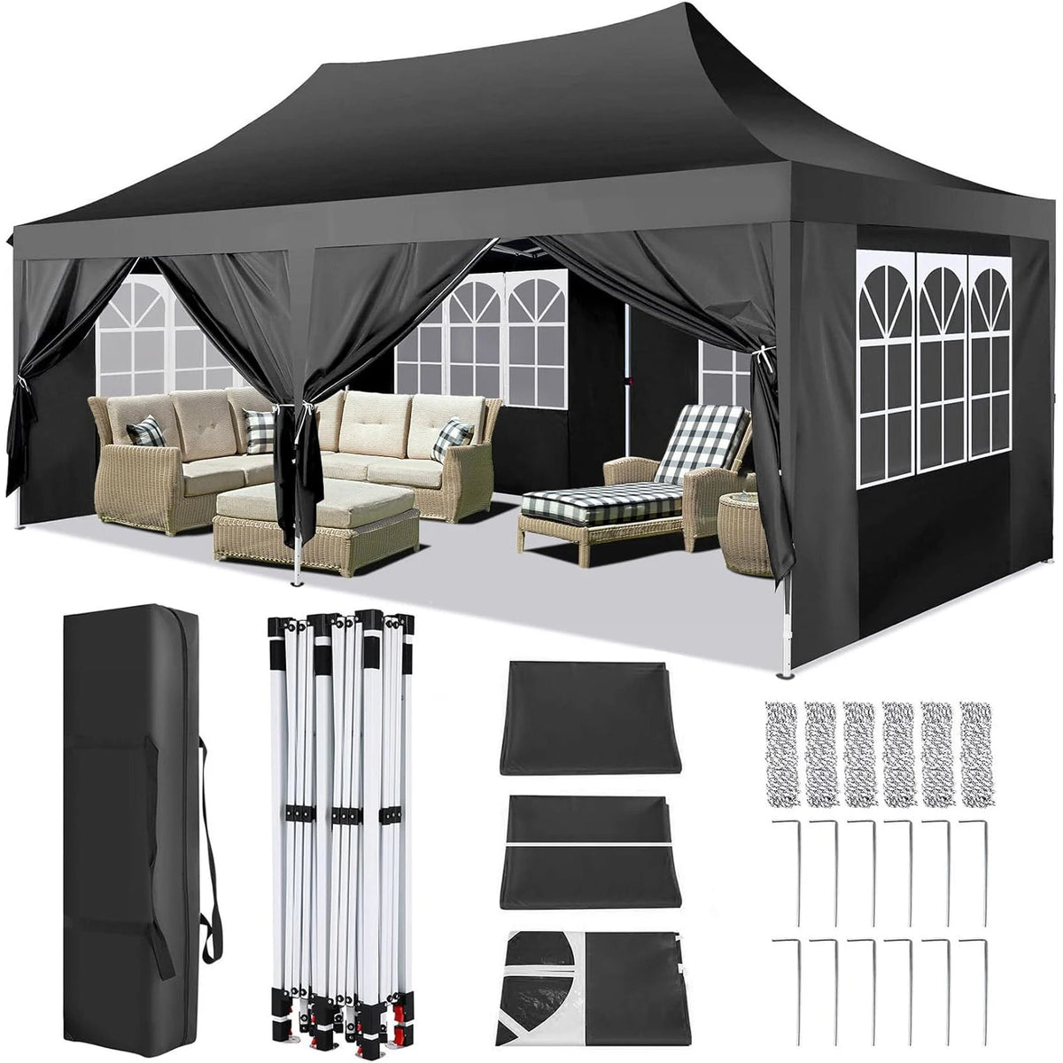 Waterproof 10x20ft Pop Up Canopy Gazebo With 6 Sidewalls and Adjustable Height for Parties