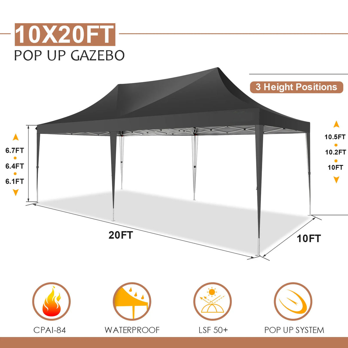 Waterproof 10x20ft Pop Up Canopy Gazebo With 6 Sidewalls and Adjustable Height for Parties