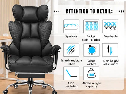 Ergonomic High Back Leather High Back Chair with Footrest and Adjustable Armrests