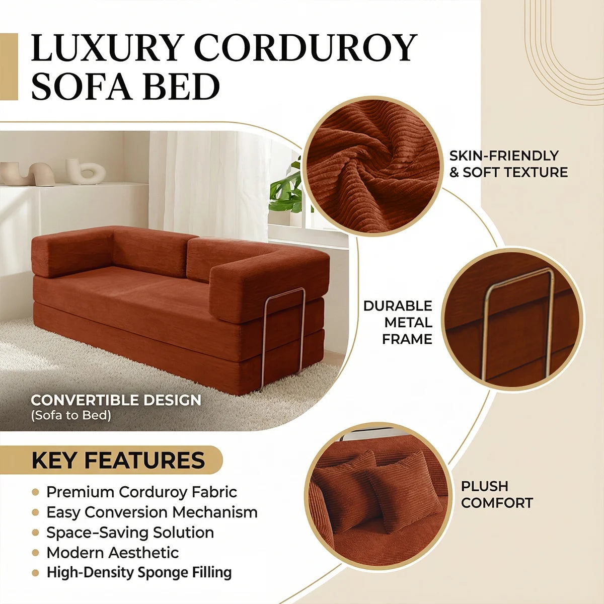 4-in-1 Folding Corduroy Boneless Sleeper Couch