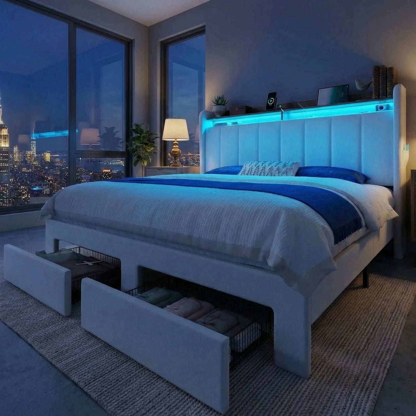 Velvet Full/Queen/King Bed Frame with 2 Storage Drawers,2-Tier Shelves with adjustable LED Light, and Charging Station