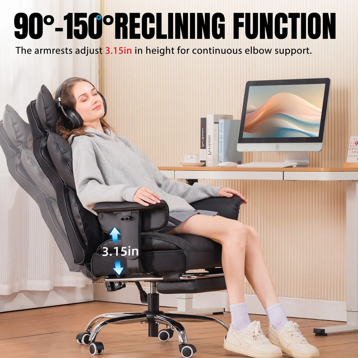 Ergonomic High Back Leather High Back Chair with Footrest and Adjustable Armrests