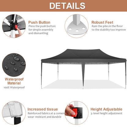 Waterproof 10x20ft Pop Up Canopy Gazebo With 6 Sidewalls and Adjustable Height for Parties