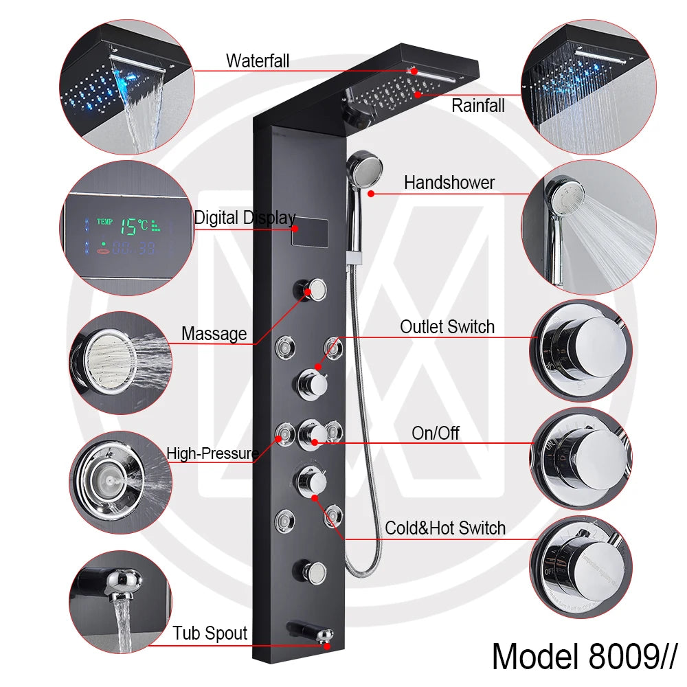 LED Light Waterfall Shower Panel with Digital Display
