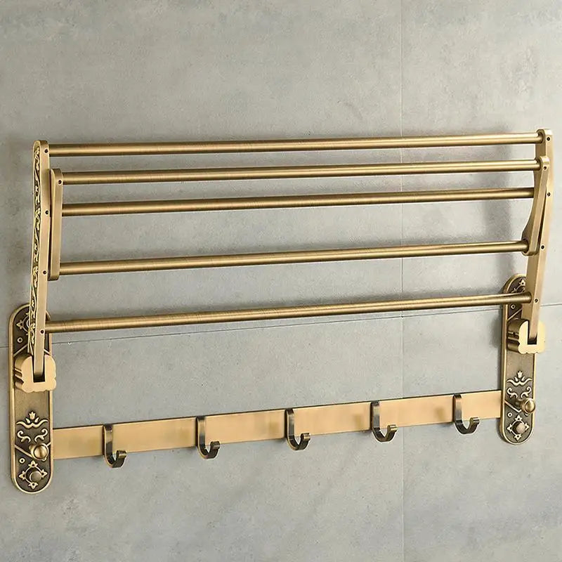 Aluminum Foldable Antique Brass Bath Towel Rack with hooks for your accessories