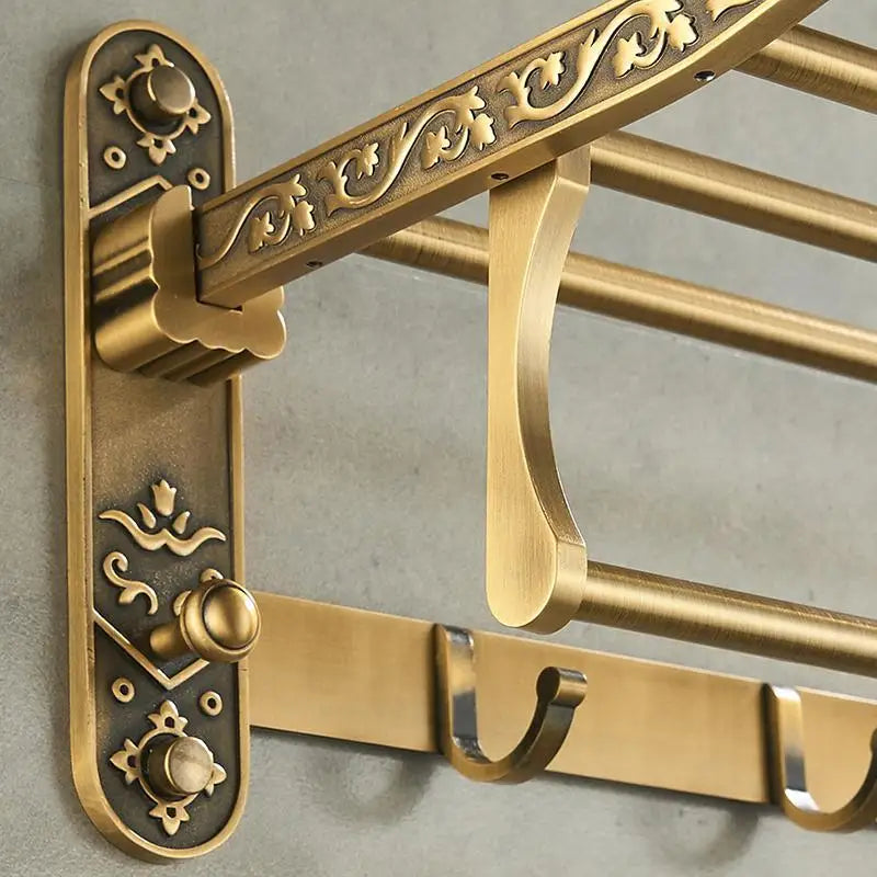 Aluminum Foldable Antique Brass Bath Towel Rack with hooks for your accessories