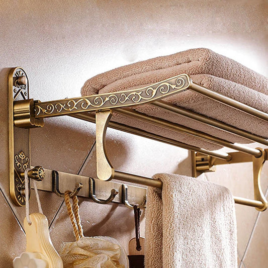 Aluminum Foldable Antique Brass Bath Towel Rack with hooks for your accessories