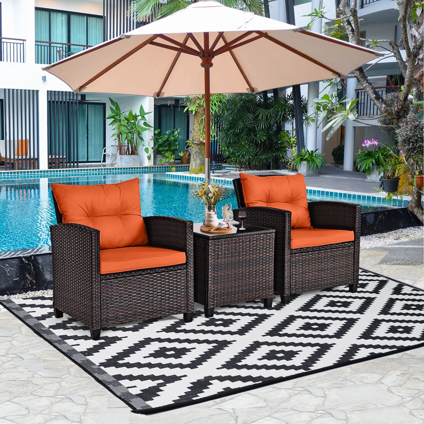 3 Piece Cushioned Rattan Furniture Set with small glass table