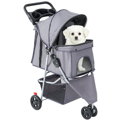 Foldable Pet Stroller for Small Dogs and Cats with Mesh Windows, Storage Basket, and Cup Holder