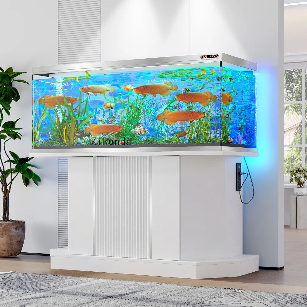 55-75 Gallon Fish Tank Stand with large Cabinet, Shelving, LED Lights, and Power Outlets