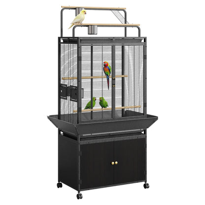 71" Extra Large Corner Rolling Bird Cage with Play Top & Storage Cabinet