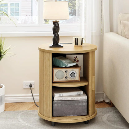 Fluted Round Nightstand with Charging Station for your Bedroom
