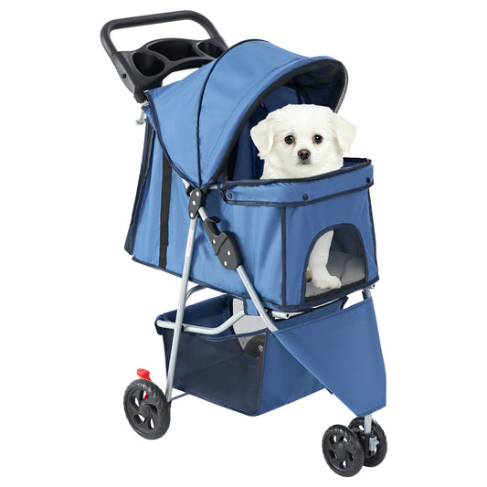 Foldable Pet Stroller for Small Dogs and Cats with Mesh Windows, Storage Basket, and Cup Holder