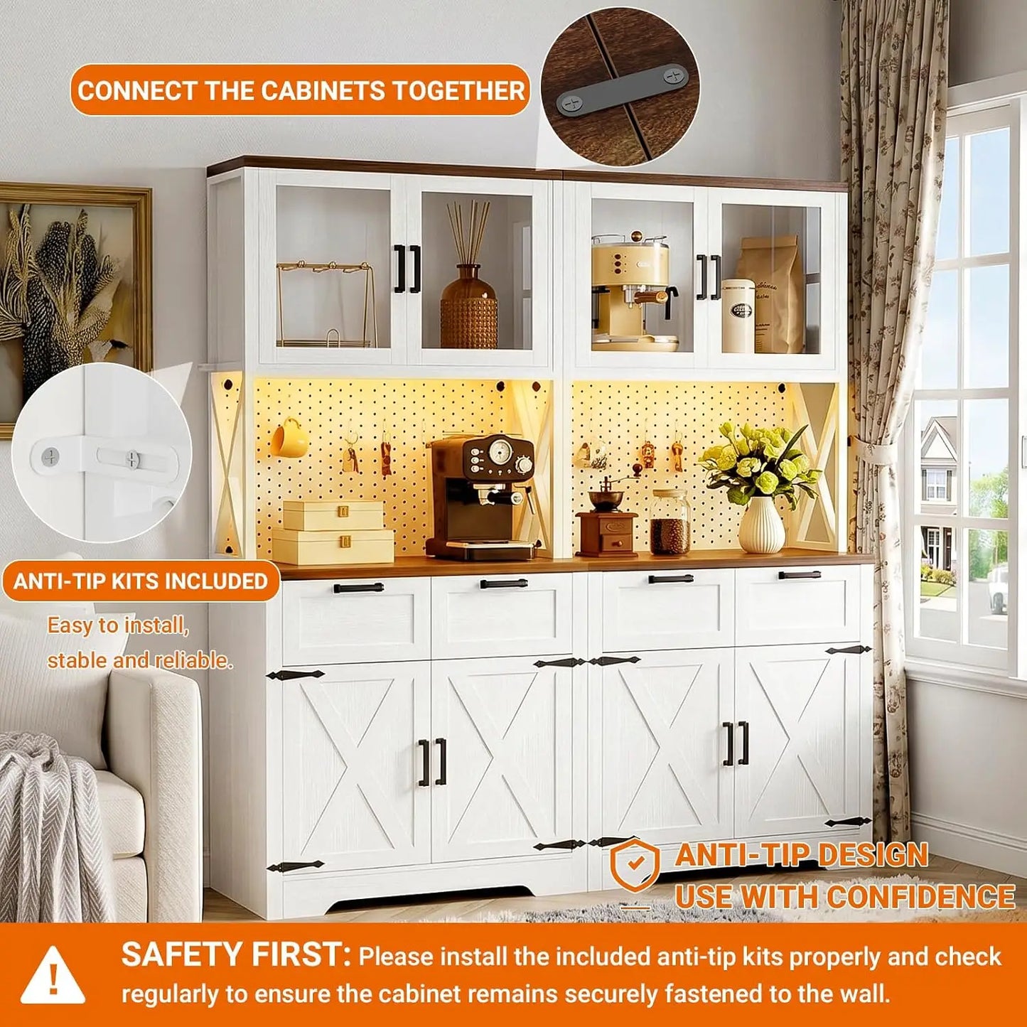 71"Tall Wood Kitchen Pantry Cabinet with LED Light and Power Outlet