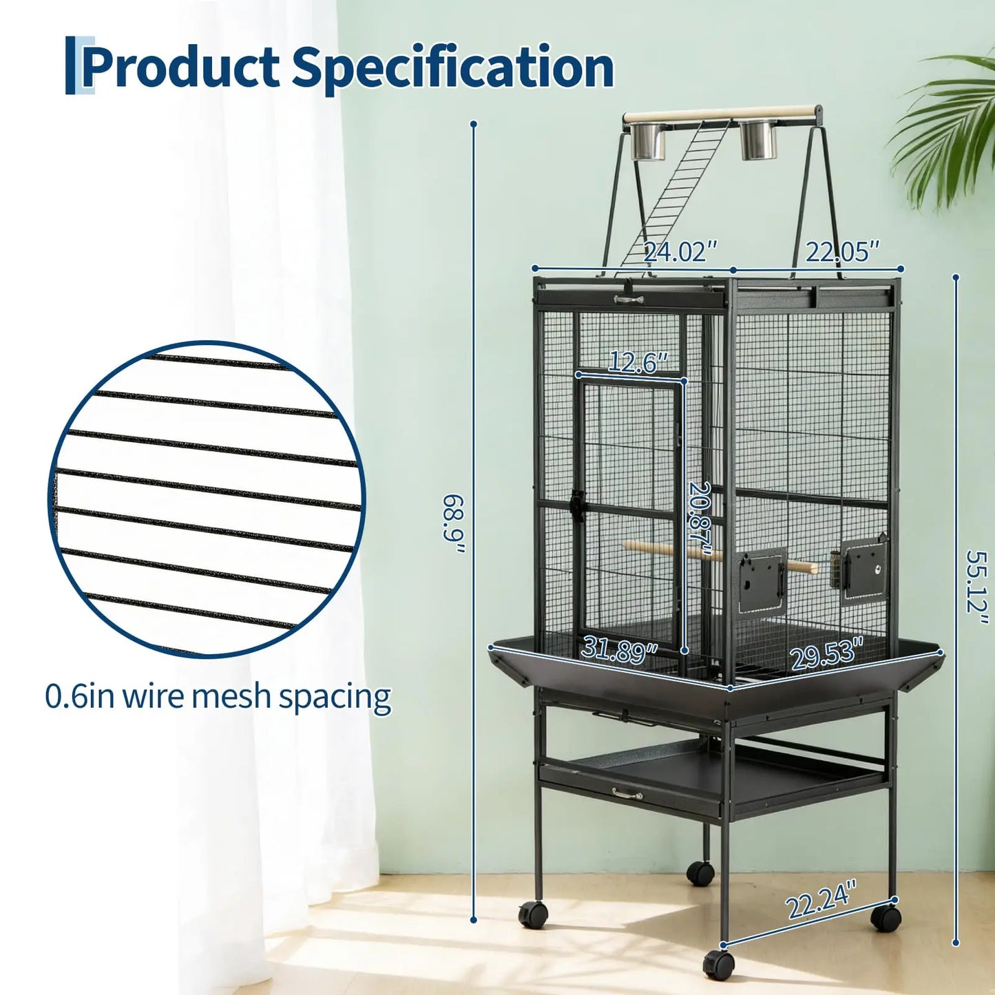 69" Extra Large, Small Spaced Bars Bird Cage with Rolling Stand and Playground on the top