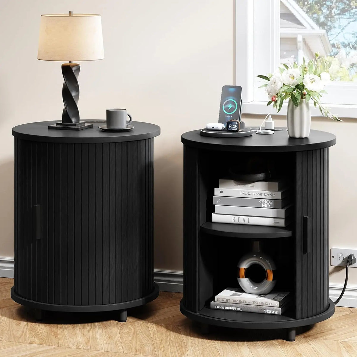 Fluted Round Nightstand with Charging Station for your Bedroom