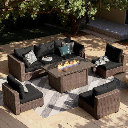 7-Piece Rattan Patio Furniture Set with 44" Fire Pit/Table