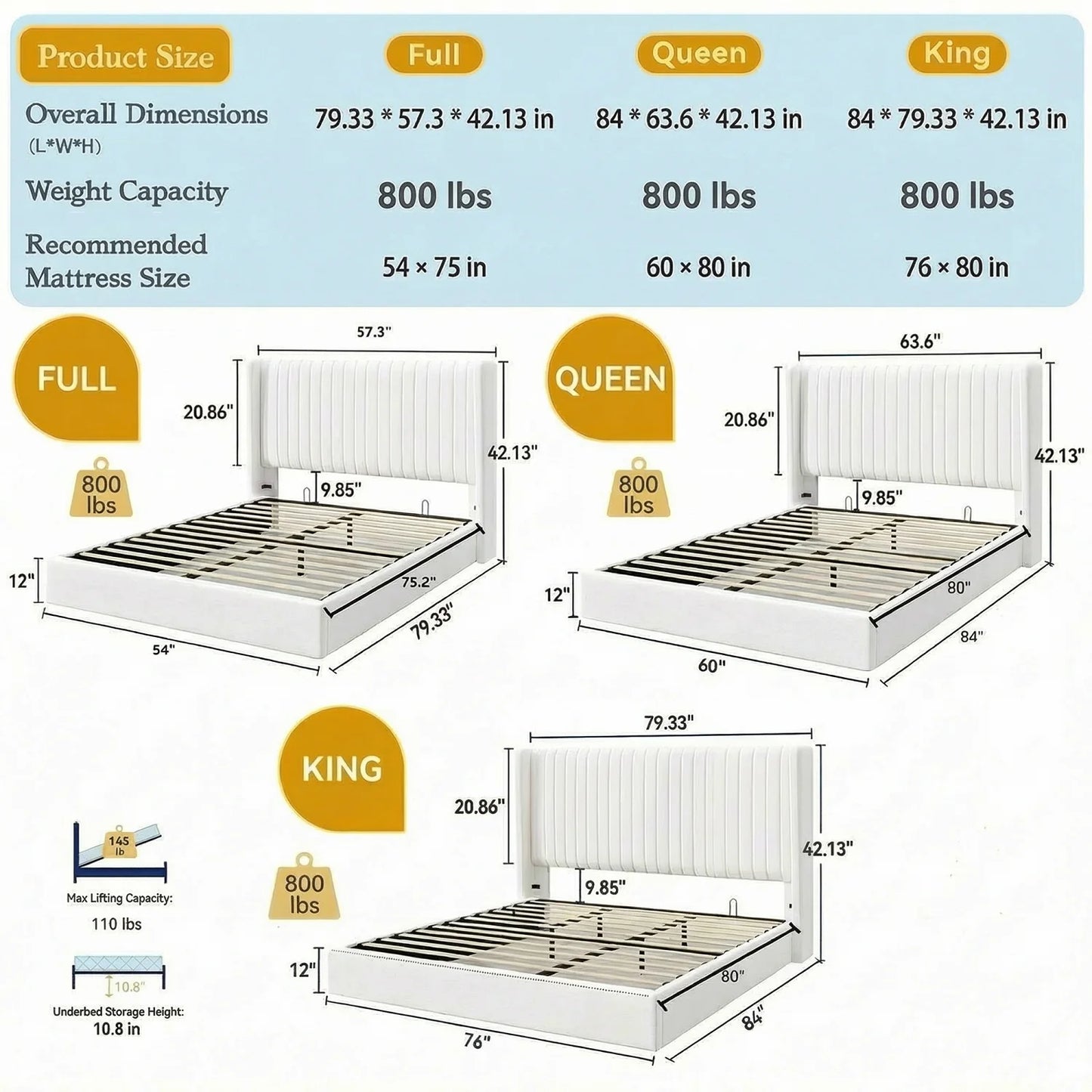 Upholstered Velvet Platform Full, Queen, or King Bed Frame with Hydraulic Driven Lift Up Storage