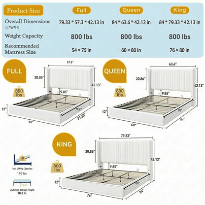 Upholstered Velvet Platform Full, Queen, or King Bed Frame with Hydraulic Driven Lift Up Storage