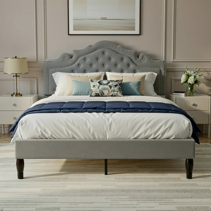 Full/Queen/King Size Velvet Bed Frame with Adjustable Upholstered Tufted Crystalline Headboard