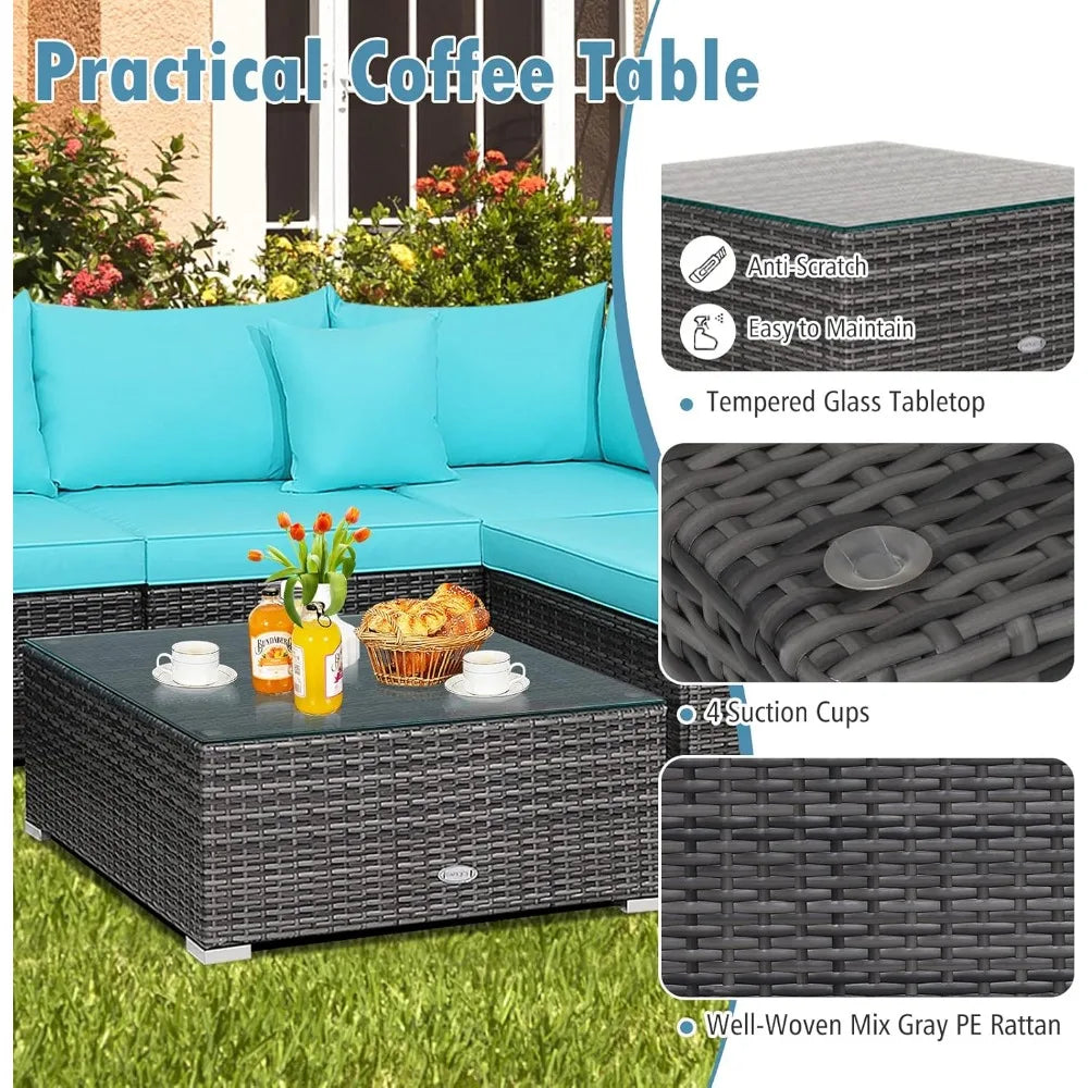 All-Weather Outdoor 7 Piece Rattan Sectional Sofa Set with Cushions and Tempered Glass Coffee Table