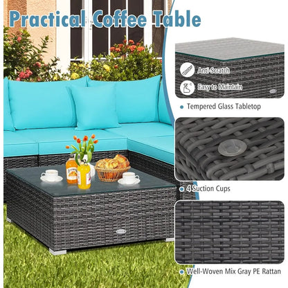 All-Weather Outdoor 7 Piece Rattan Sectional Sofa Set with Cushions and Tempered Glass Coffee Table