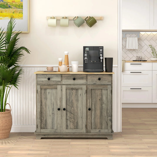 Modern Buffet Cabinet with Solid Wood Countertop, 3 Drawers and an Adjustable Shelf