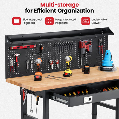60 Inch Wood Work Bench with Led Lights, Drawers, and Pegboard