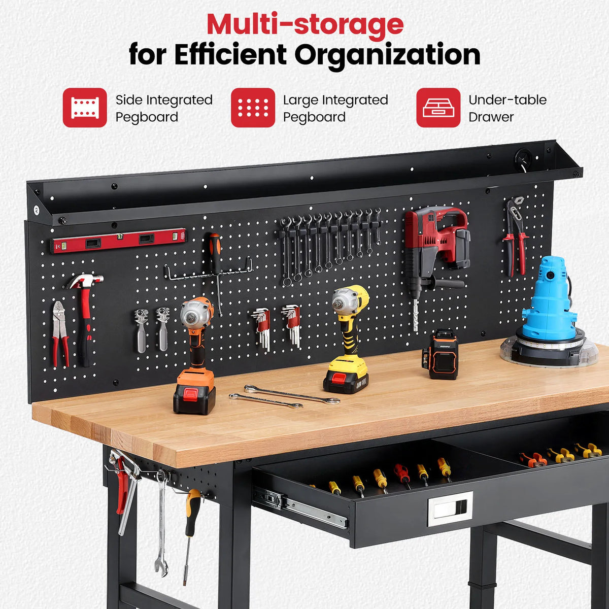 60 Inch Wood Work Bench with Led Lights, Drawers, and Pegboard