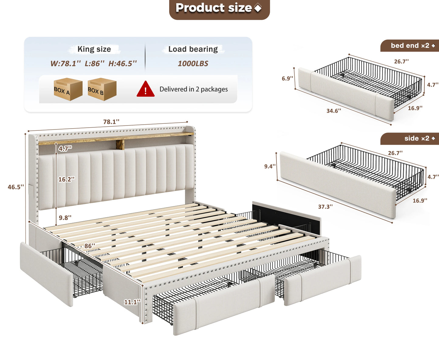 Full, Queen or King Platform Bed Frame with 3 Drawers and 2-Tier Storage