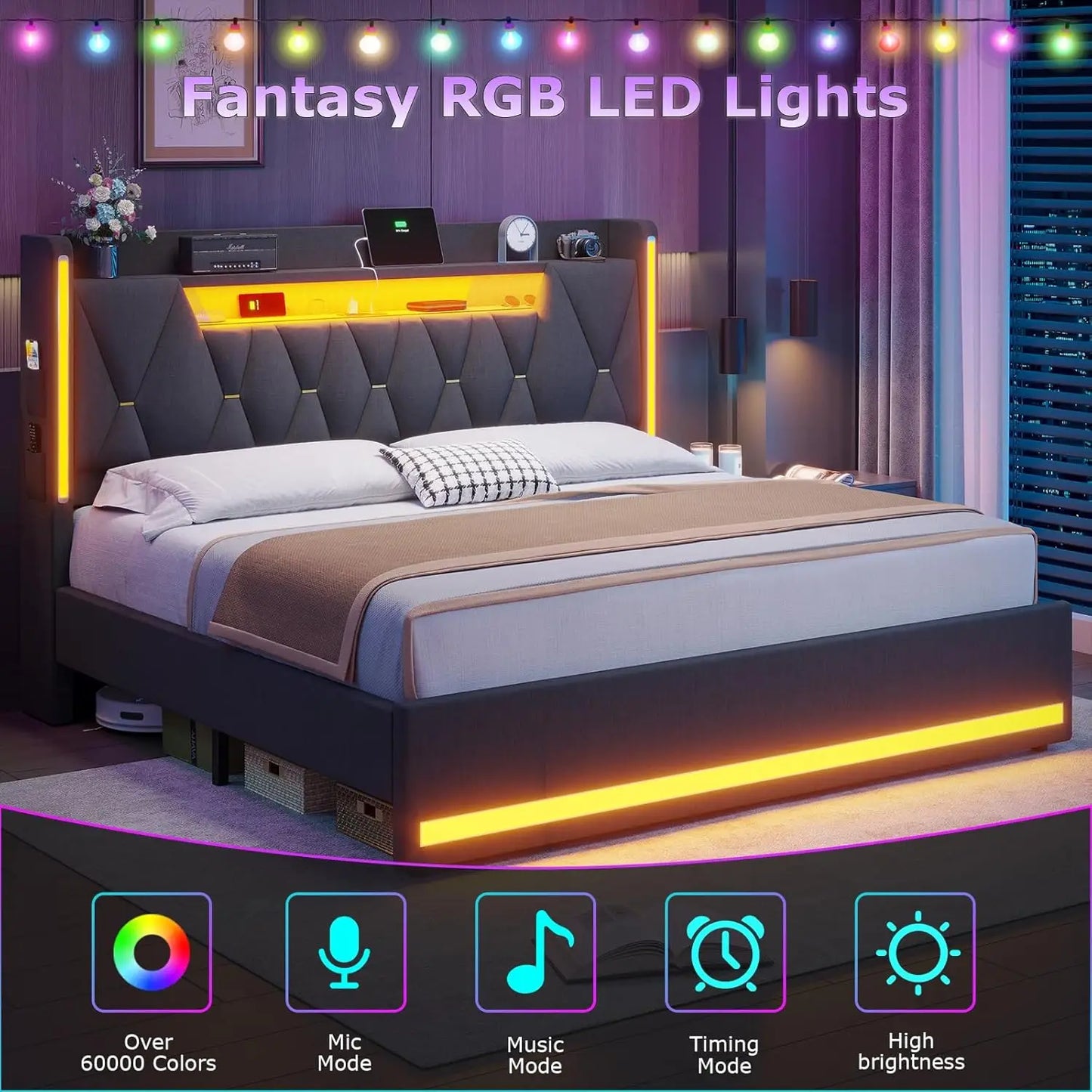Upholstered King LED Bed Frame with Storage and Charging Station
