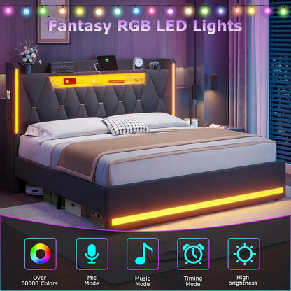 Upholstered King LED Bed Frame with Storage and Charging Station