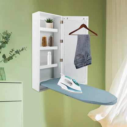 Hide Away Wall Mounted Ironing Board With 3 Tier Shelf & Mirror