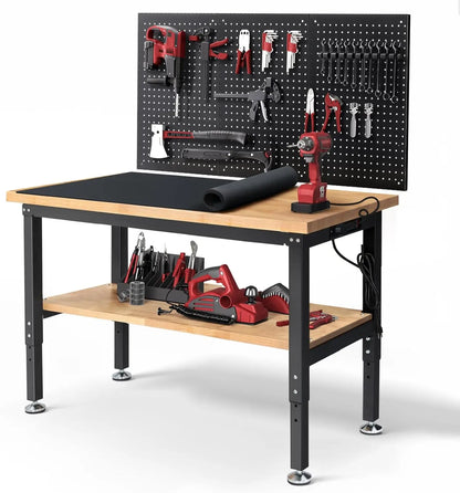 Adjustable Height Workbench with Power Outlets and Pegboard for your DIY projects