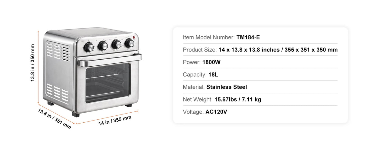 Countertop Stainless Steel 18L 1700W Air Fryer and Toaster Oven Combo