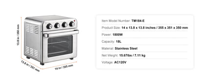 Countertop Stainless Steel 18L 1700W Air Fryer and Toaster Oven Combo