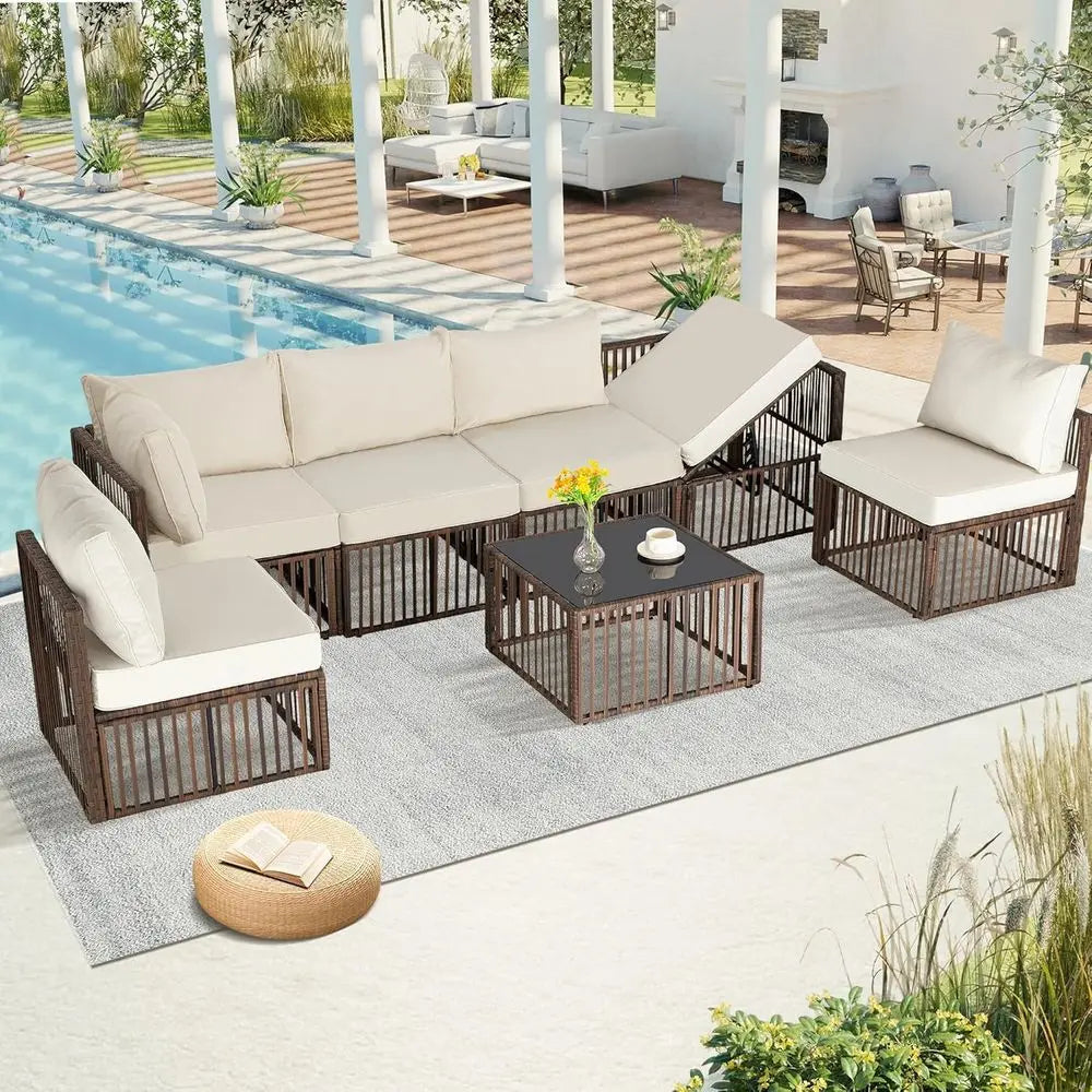 7-Piece Brown/Beige Wicker Sectional Patio Set