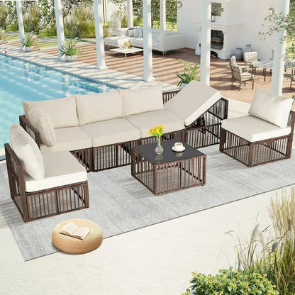 7-Piece Brown/Beige Wicker Sectional Patio Set