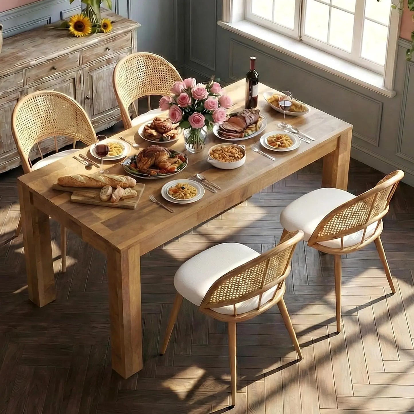 Modern Farmhouse Style Wood Dining Room Table Set with 4 Upholstered Chairs