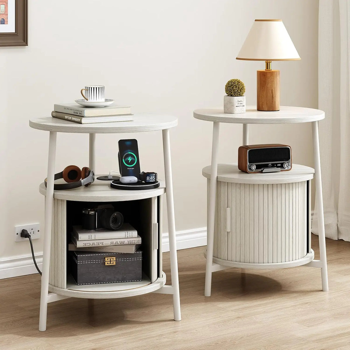 Fluted Round Nightstand with Charging Station for your Bedroom