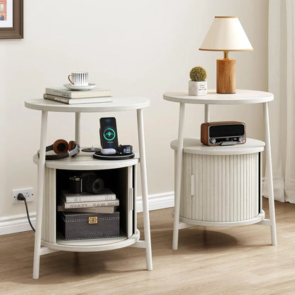 Fluted Round Nightstand with Charging Station for your Bedroom