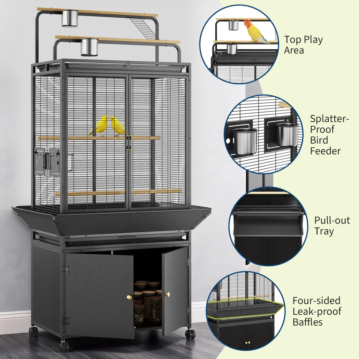 71" Extra Large Corner Rolling Bird Cage with Play Top & Storage Cabinet