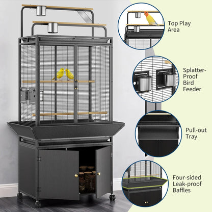 71" Extra Large Corner Rolling Bird Cage with Play Top & Storage Cabinet