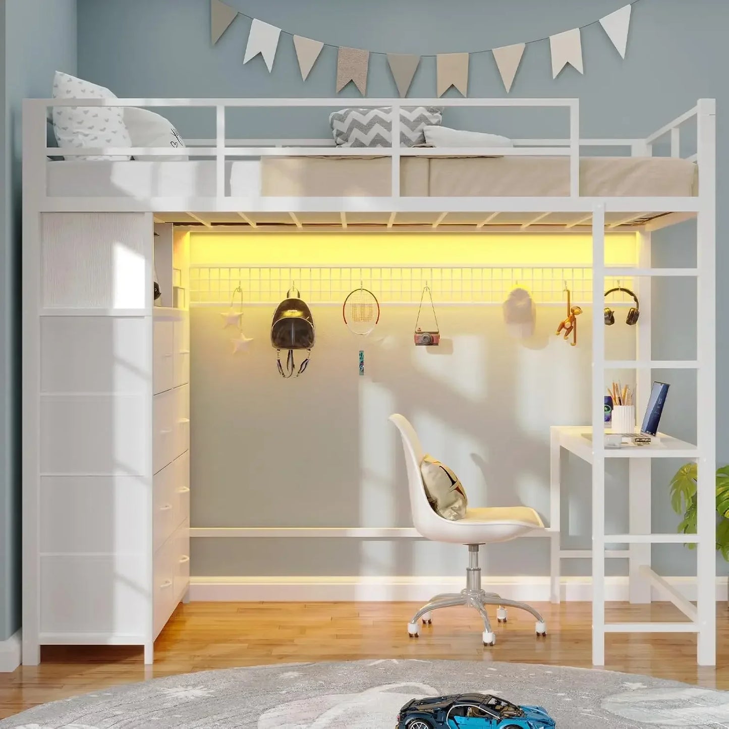 Metal Twin Loft Bed with Desk & 8 Storage Drawers in an attached Tall Dresser