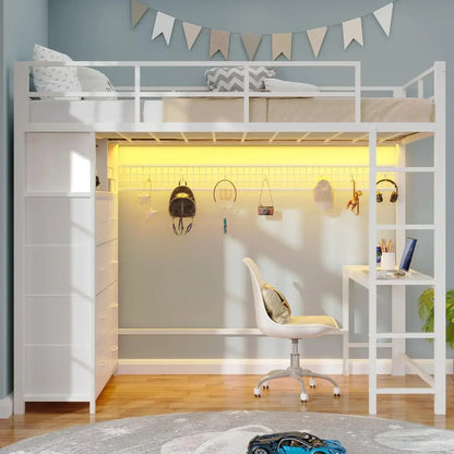 Metal Twin Loft Bed with Desk & 8 Storage Drawers in an attached Tall Dresser