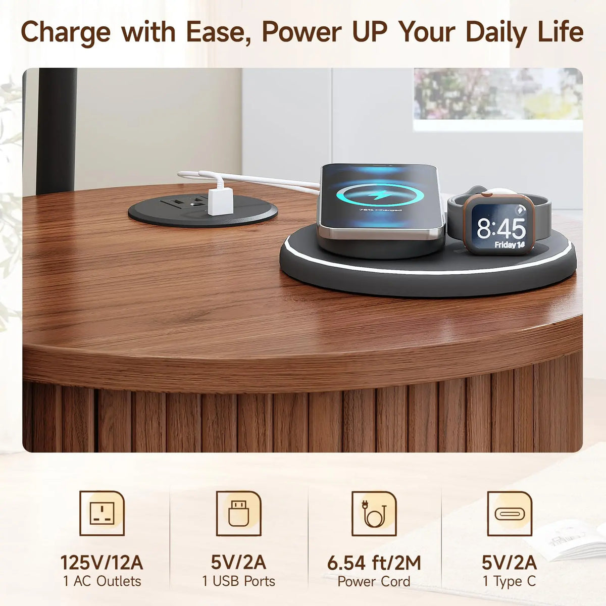Fluted Round Nightstand with Charging Station for your Bedroom