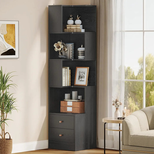 70.87" Tall Corner Bookshelf with Drawers for your Living Room, Bedroom or Office